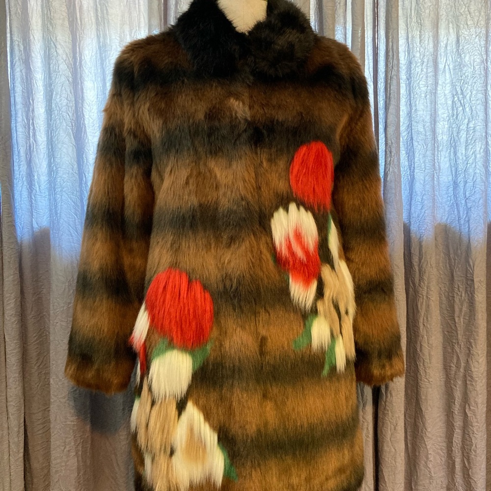 Zara Brown and Black Striped Faux Fur Coat with Red Floral Accents